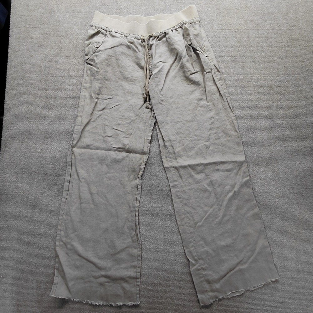 London Jean MEDIUM Beige Khaki Wide Leg Pull On Pants Drawstring Cotton Raw Hem